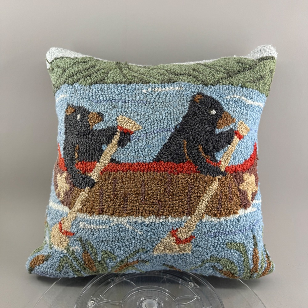 Hand Hooked Wool Black Bear Canoe Throw Pillow Rustic Cabin Lodge Decor 14x14